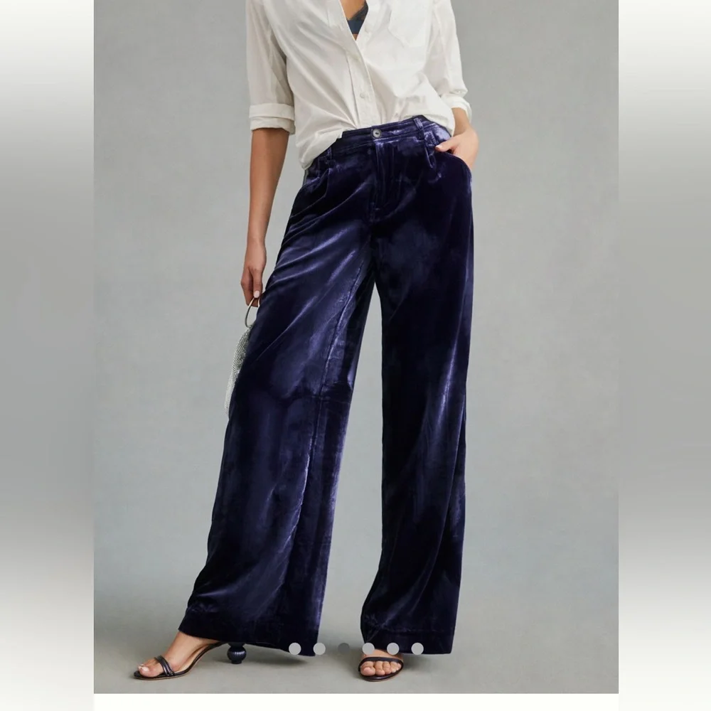 Anthropologie Wide-Leg Velvet Trousers / Pants in Deep Blue / Purple / Indigo